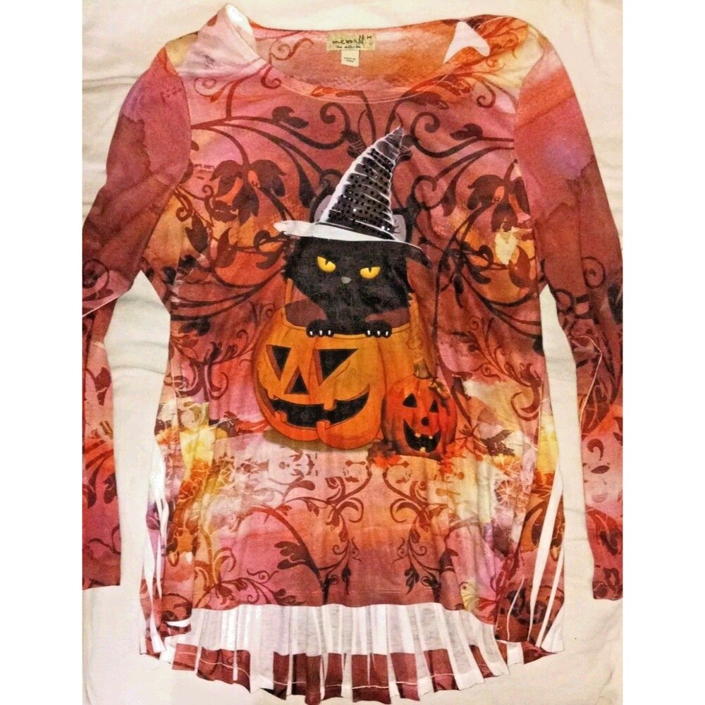 Halloween Black Cat Witch Hat Pumpkin Shirt Long Sleeve One World Womens Medium